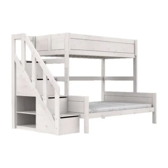 LIFEETIME Stapelbed Familie Met Trapkast - 90/140x200 cm - Premium Rolbodem - White Wash