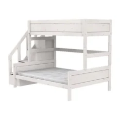 LIFEETIME Stapelbed Familie Met Trapkast - 90/140x200 cm - Premium Rolbodem - White Wash