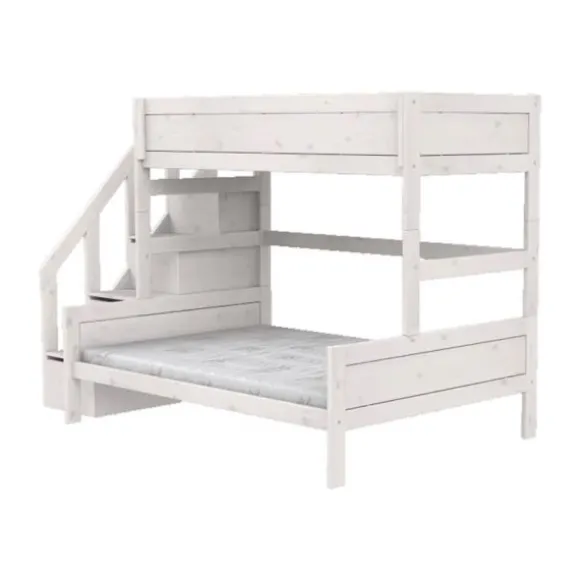 LIFEETIME Stapelbed Familie Met Trapkast - 90/140x200 cm - Premium Rolbodem - White Wash