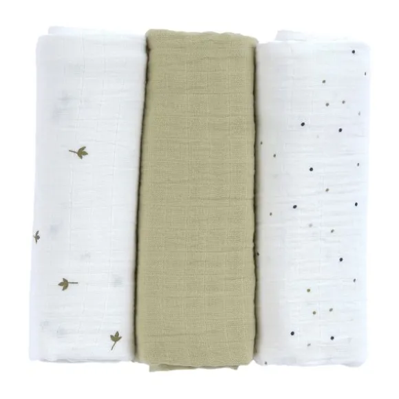 Lässig Swaddle & Burp L Multidoek - GOTS - 3pcs - 85 x 85 cm - Leave Olive