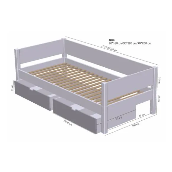 Manis-h Combinatiebed Met Lattenbodem En 2 Lades - MIMER - 90x200 cm