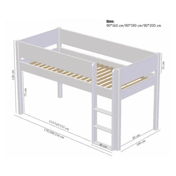 Manis-h SOL Combinatie Halfhoog Bed Met Lattenbodem - 90 x 160 cm